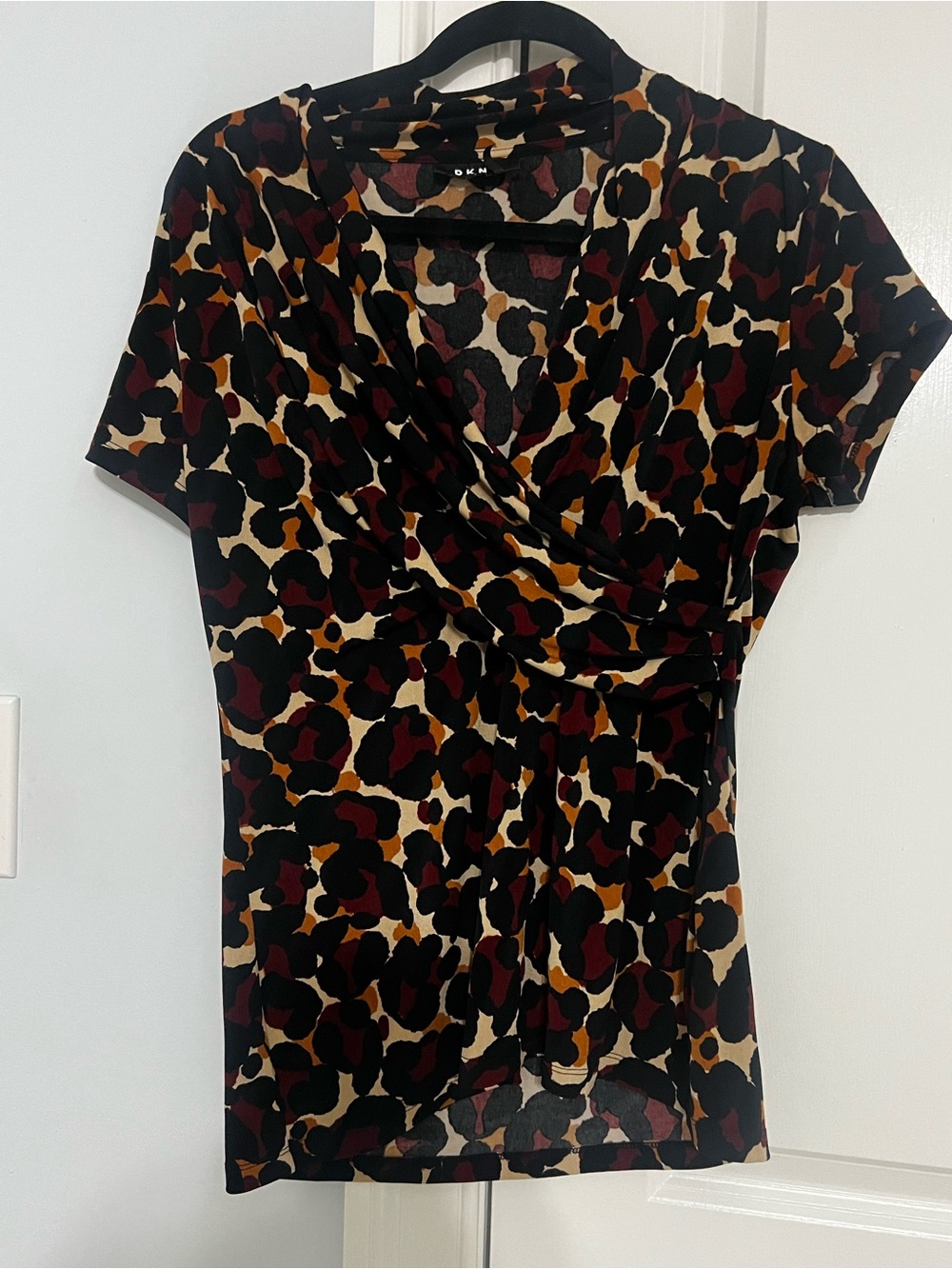 DKNY Leopard Print Short Sleeve Wrap-Style Top - Black, Burgundy, Tan sz L